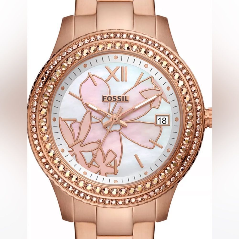 NWT FOSSIL Stella Three Hand, Rose Gold Tone Stainless Steel Bracelet Wa…